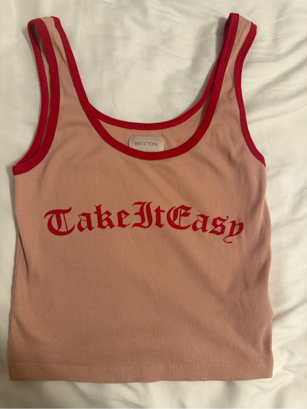 Brixton Pink Tank Top with Red Trim and Red 'Take It Easy' Graphic